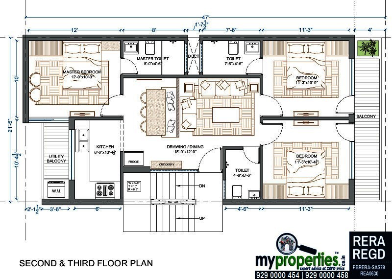 44 X 53 Ft 3 Bhk Independent House Plan