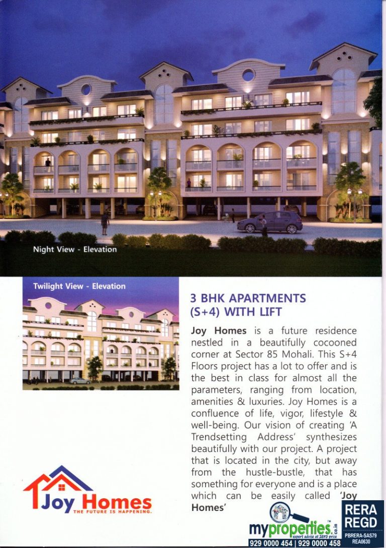 Joy Homes Mohali Call 9290000454, 9290000458 I 3 BHK Flat in Wave